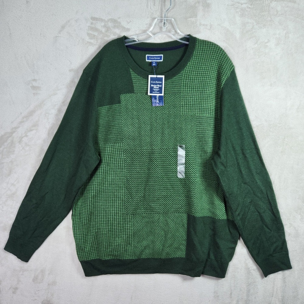 Club Room Sweater‎ Mens XXL Dark Green Merino Wool Blend Patchwork Preppy NWT
